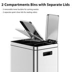 2 x 5.3 Gal Trash Can, Stainless Steel Triple Compartment Step-On Recycling Bin - Image 2