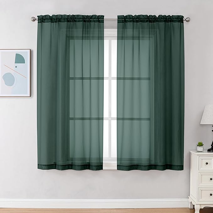 Chyhomenyc Hunter Green Sheer Curtains 63 Inch Length 2 Panels, Rod Pocket by Chyhomenyc