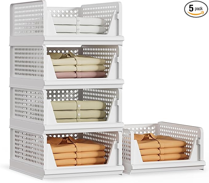 Proarea 5 Pack Stackable Plastic Storage Basket Closet Organizer Bin Foldable by Proarea