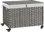 Rolling Storage Basket with Lid, 47.6 Gallon Storage Bin with Wheels, Woven by Hiagnete