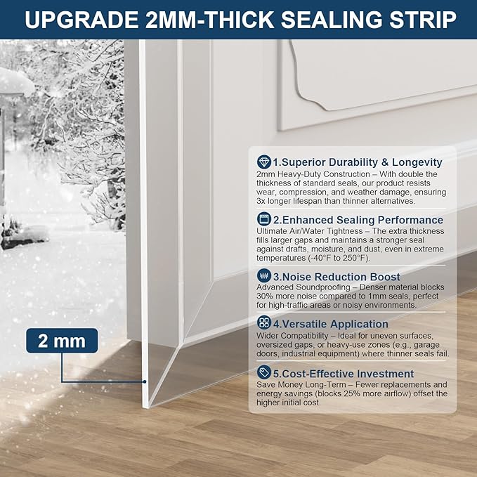 Heavy-Duty 20 ft x 2 in Weather Stripping, Extra Thick 2mm Door Draft Stopper - Image 8
