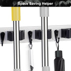 Broom Holder Wall Mount With 5 Slots & 4 Hooks，Rustic Wood Broom & Mop - Image 6