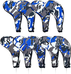 9pcs PU Leather Camouflage Blue Zipper Long Neck Design Golf Iron Headcovers by Mykepoda