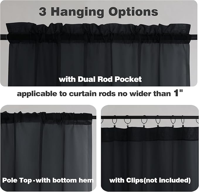 Chyhomenyc Black Sheer Curtains 90 Inches Long 2 Panels, Light Filtering Black - Image 3