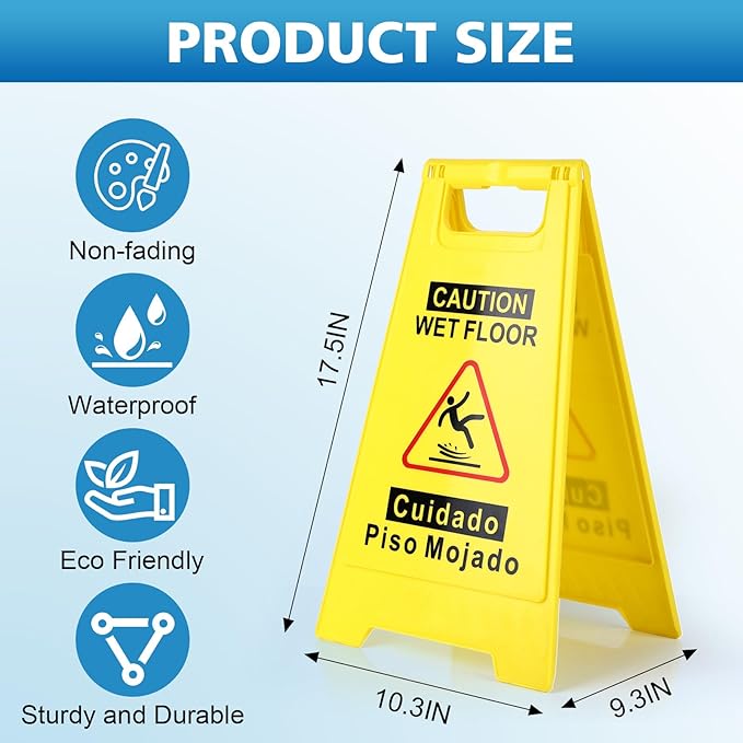 8-Pack Caution Wet Floor Sign, 17.5" Height, Bright Yellow Double-Sided Folding - Image 2