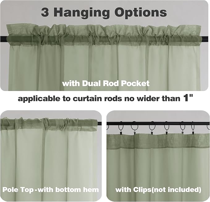 Chyhomenyc Sage Green Sheer Curtains 54 Inch Long 2 Panels Set, Short Rod - Image 3