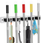 Broom Holder Wall Mount With 5 Slots & 4 Hooks，Rustic Wood Broom & Mop by FunCee
