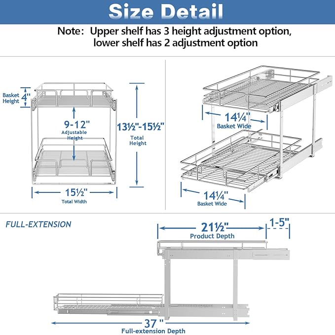 LOVMOR 2 Tier Individual Pull Out Cabinet Organizer 15½" W x 21½" D, Slide Out - Image 3