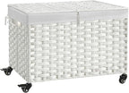 Rolling Storage Basket with Lid, 47.6 Gallon Storage Bin with Wheels, Woven by Hiagnete