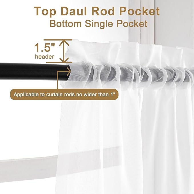 Chyhomenyc White Sheer Curtains 30 inch Length 2 Panels, Light Filtering Voile - Image 3