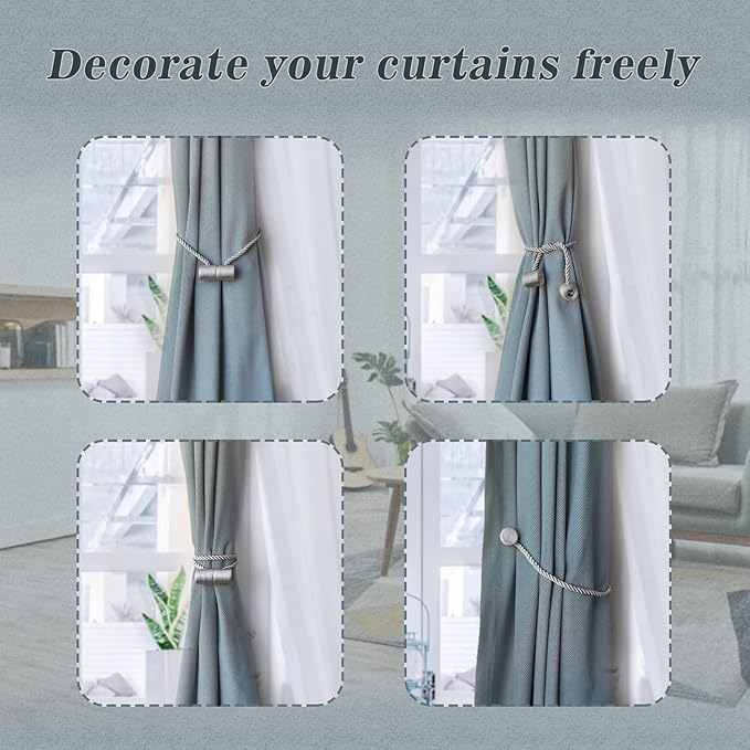 Hion Magnetic Curtain Tiebacks Gray Blue 6 Pack, Curtain Tiebacks Buckles - Image 4