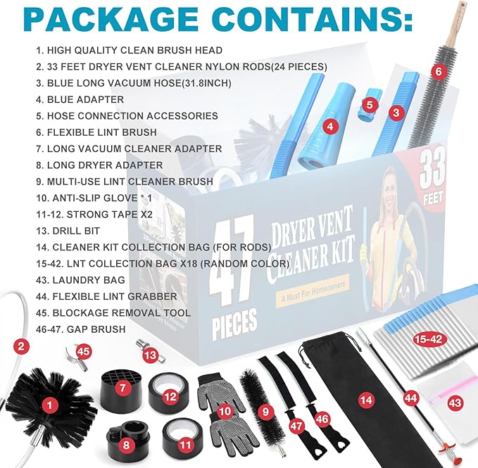 Sealegend 47-Pieces 33-Feet Dryer Vent Cleaner Kit, Dryer Cleaning Tools - Image 6
