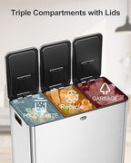 3 x 7.9 Gal Trash Can, Stainless Steel Triple Compartment Step-On Recycling Bin - Image 3