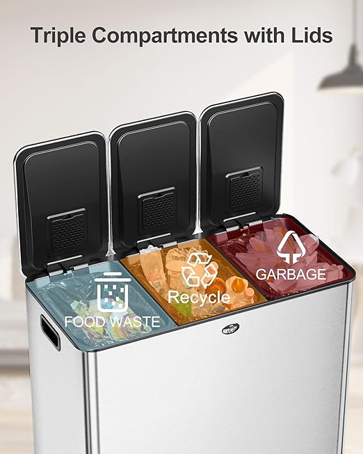 3 x 7.9 Gal Trash Can, Stainless Steel Triple Compartment Step-On Recycling Bin - Image 3