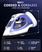Cordless Iron for Clothes, 1550W 2-In-1 Cordless/Corded Steam Iron Rapid Heating - Image 3