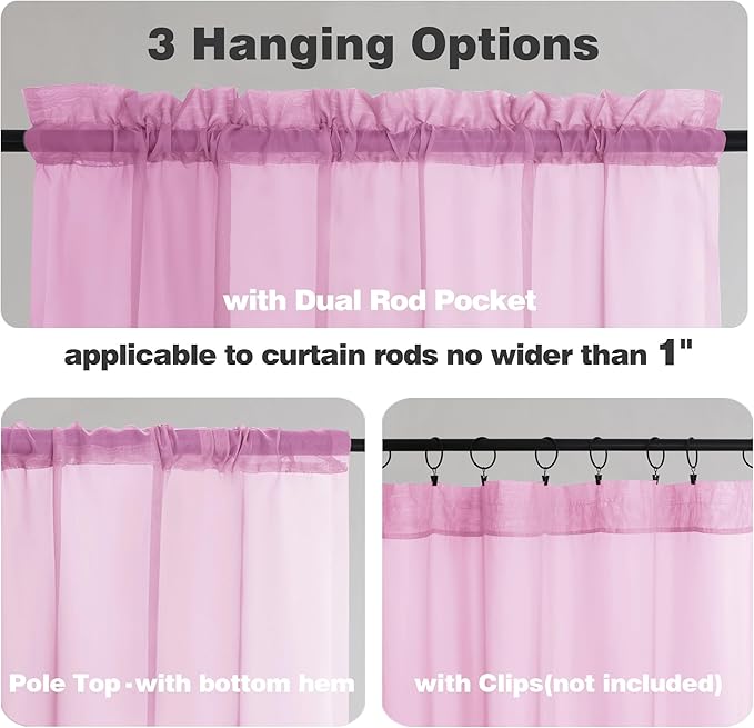 Chyhomenyc Sheer Pink Tier Curtains 24 Inch Length, Small Window Curtains - Image 3