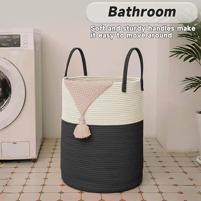 Large Woven Laundry Basket Hamper, 60L Cotton Rope Storage Bin - Image 5