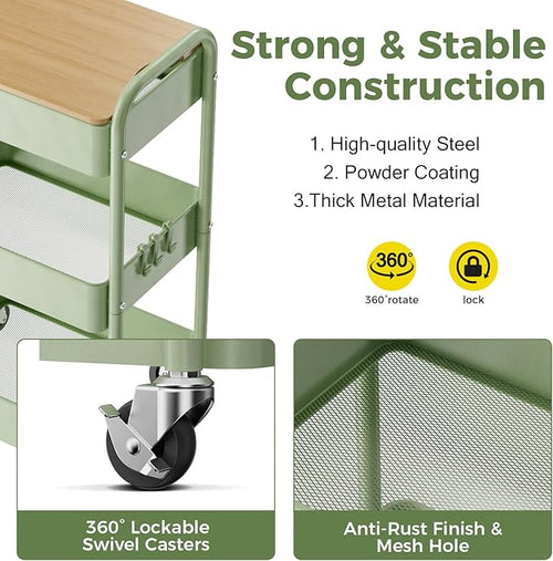 3 Tier Rolling Cart with Table top, Metal Rolling Utility Cart, Sturdy Storage - Image 2
