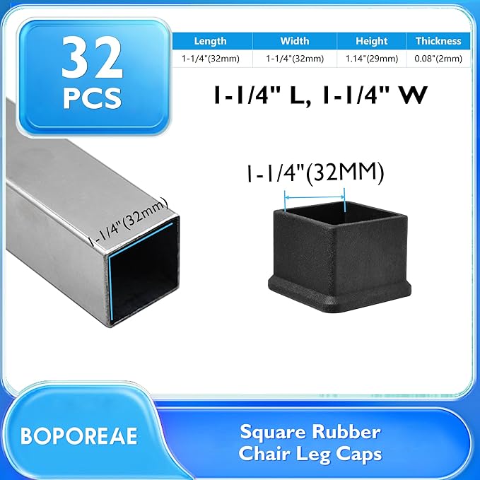 32 Pcs 1-1/4" x 1-1/4" Square Rubber Chair Leg Caps, PVC Table Leg Covers - Image 2