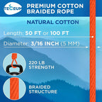 TECEUM Cotton Rope 3/16” – 50 FT – Strong All-Purpose Braided Rope – Natural - Image 2