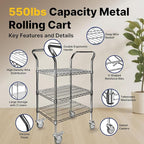 Northsky 3-Shelf Wire Utility Cart on Wheels, Chrome Finish Rolling Metal - Image 3