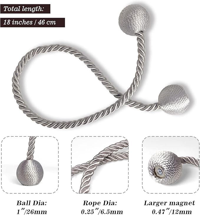 Hion Magnetic Curtain Tiebacks Grey 2pcs, Curtain Tiebacks Buckles Holdbacks - Image 2