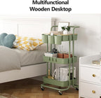 3 Tier Rolling Cart with Metal Handle, Table Top, Hanging Cups, Plastic Storage - Image 4