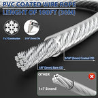 3/16" Wire Rope Kit, 100Ft PVC Coated Steel Cable Guide Wire Tensioner Strainer - Image 2