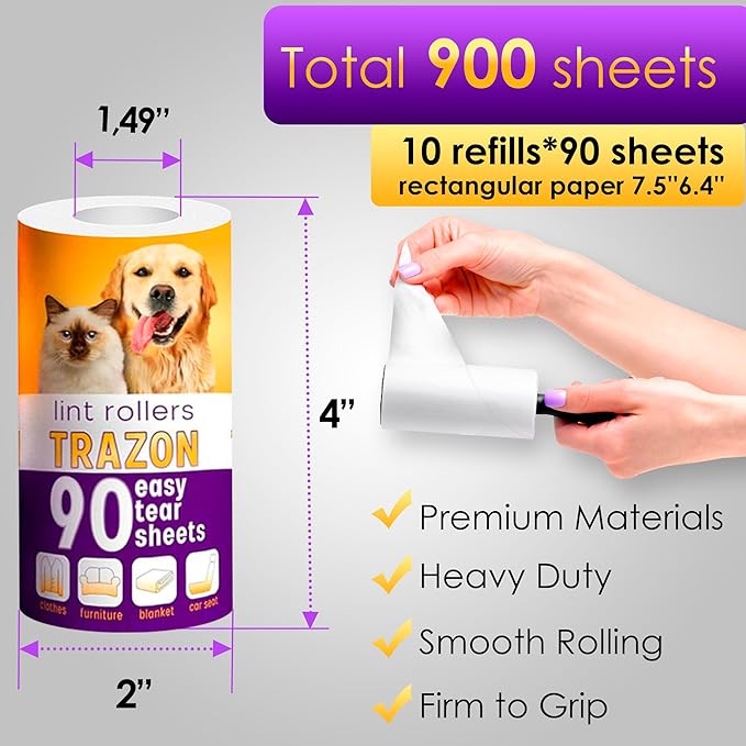 Lint Rollers Pet Hair Value 10 Pack of 900 Sheets / 10 Refills, Sticky Roller - Image 2