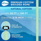TECEUM Cotton Rope 3/16” – 50 FT – Strong All-Purpose Braided Rope – Natural - Image 2