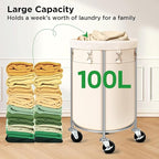 Laundry Hamper with Wheels, 100L Round Rolling Laundry Basket Sorter with - Image 8