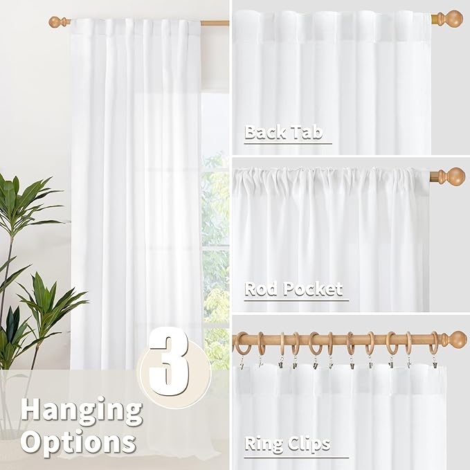 YoungsTex White Linen Semi Sheer Curtains 63 Inch Length - Image 6