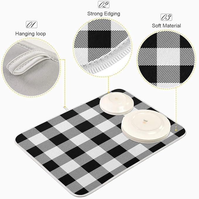 White and Black Buffalo Plaid Dish Drying Mat 16x18 - Image 4