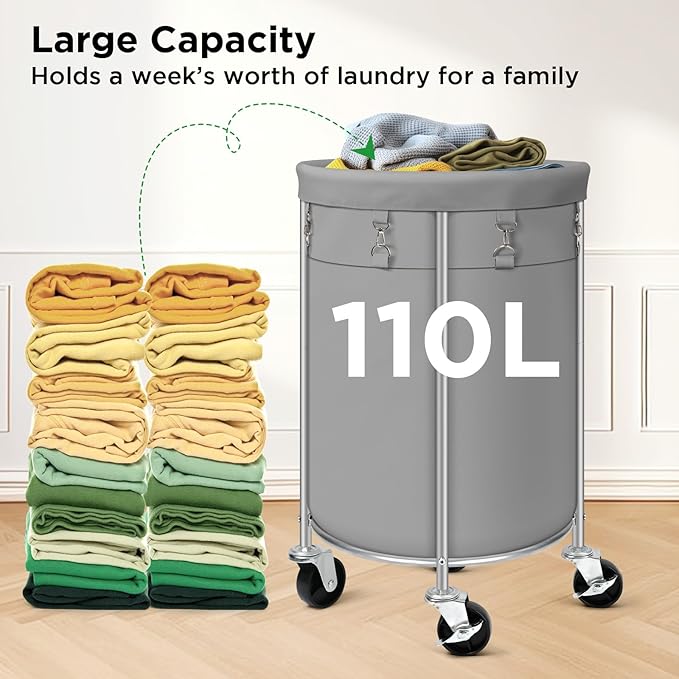 Laundry Hamper with Wheels, 100L Round Rolling Laundry Basket Sorter with - Image 6