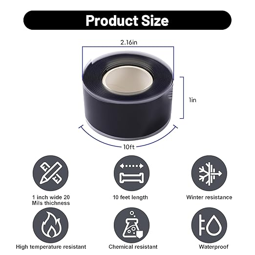 Self Fusing Silicone Tape 2 Rolls 1 in x 10' Black Waterproof Rescue Tape - Image 2