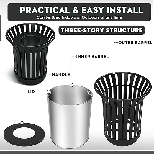 Round Heavy Duty Outdoor Trash Can, Large Metal Slatted Garbage Can - Image 6