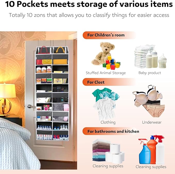 Over the Door Organizer 5 Tiers, Extra Large Behind Door Storage of 10 - Image 5