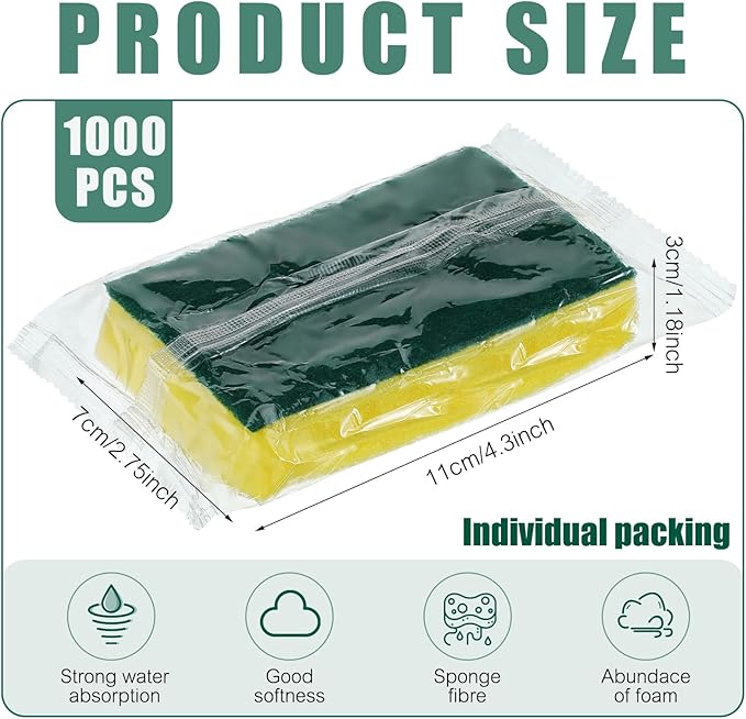 Tanlade 1000 Pcs Individually Wrapped Sponge Dishwashing Sponge Bulk Non - Image 3