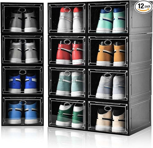 12 Pack Shoe Boxes Stackable, Upgraded Sturdy Shoe Storage Boxes by Amllas