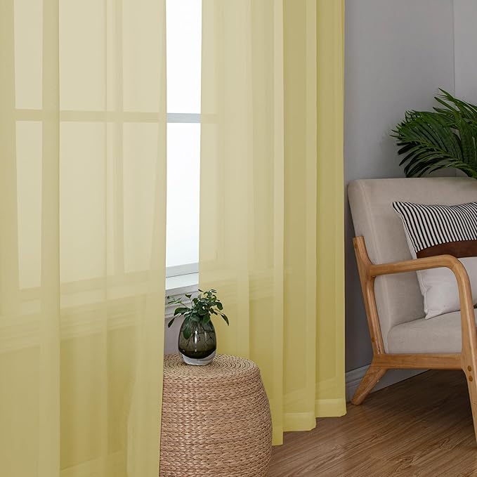 Chyhomenyc Yellow Sheer Curtains 54 Inch Long 2 Panels, Light Filtering Rod - Image 7