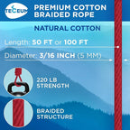 TECEUM Cotton Rope 3/16” – 100 FT – Strong All-Purpose Braided Rope – Natural - Image 2