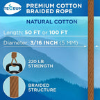 TECEUM Cotton Rope 3/16” – 50 FT – Strong All-Purpose Braided Rope – Natural - Image 2