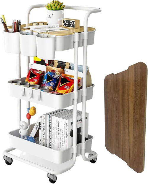 3 Tier Rolling Cart with Metal Handle, Table Top, Hanging Cups, Plastic Storage by GiveUsaChanceGiveYouMoreProbability