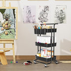 3 Tier Rolling Cart with Metal Handle, Table Top, Hanging Cups, Plastic Storage - Image 4