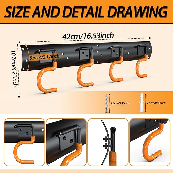 3-H 2×16" All Metal Garden Tool Organizer, Garage Tool Organizer, Broom Holder - Image 2
