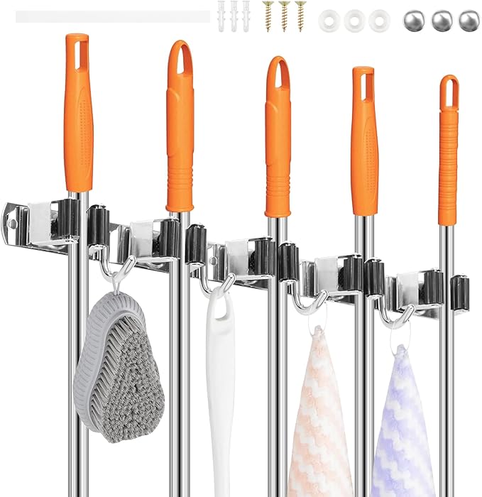 5Pcs 5 Racks 4 Hooks Stainless Steel Broom Mop Holder Anti Slip Wall Mount - Image 9