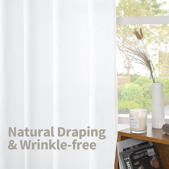 YoungsTex White Linen Curtains for Living Room 95 Inch Long 2 Panels, Semi - Image 6