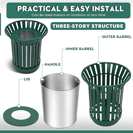 Round Heavy Duty Outdoor Trash Can, Large Metal Slatted Garbage Can - Image 7