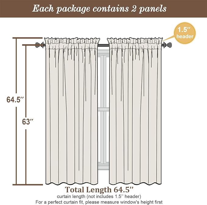 Chyhomenyc Cream Sheer Curtains 63 Inches Long 2 Panels Set- Light Filtering - Image 6