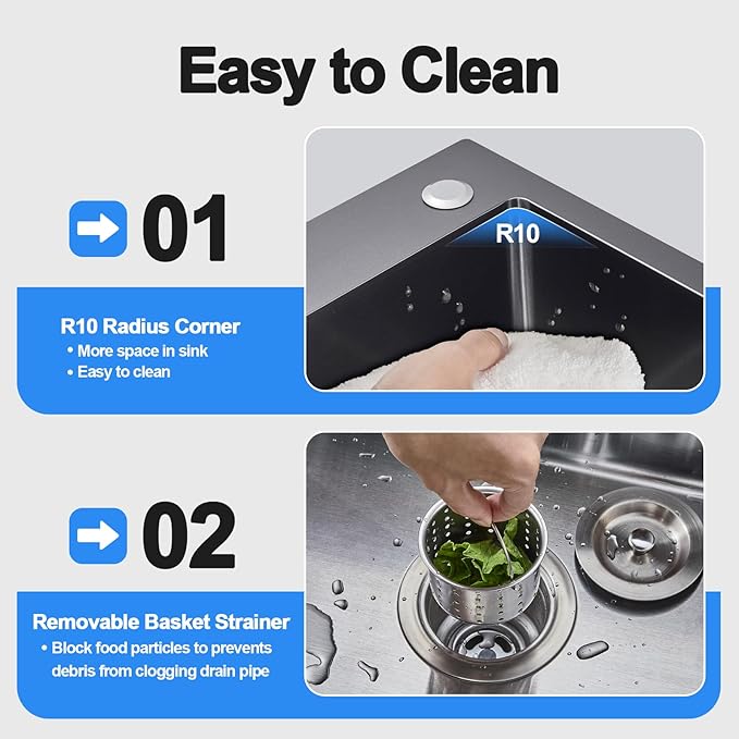 20x16 Inch Drop in Kitchen Sink, 304 Black Stainless Steel Sink, R10 Tight - Image 5